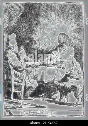 Ispirati da Cristo ad Emmaus: Il piatto più piccolo, Rembrandt Harmensz. Van Rijn, olandese, 1606-1669, incisione e punto secco su carta laiata, Olanda, 1634, piatto: 4 1/8 x 3 pollici, 10,5 x 7,6 cm, riimmaginato da Artotop. L'arte classica reinventata con un tocco moderno. Design di calda e allegra luminosità e di raggi di luce. La fotografia si ispira al surrealismo e al futurismo, abbracciando l'energia dinamica della tecnologia moderna, del movimento, della velocità e rivoluzionando la cultura Foto Stock