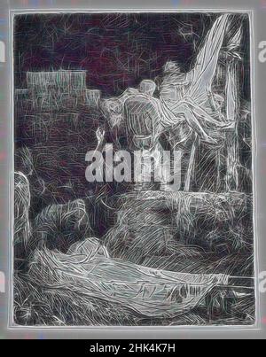 Ispirato dalla discesa dalla Croce di Torchlight, Rembrandt Harmensz. Van Rijn, olandese, 1606-1669, incisione e punto secco su carta, Paesi Bassi, 1654, piatto: 8 1/4 x 6 3/8 in., 21 x 16,2 cm, cristianesimo, reinventato da Artotop. L'arte classica reinventata con un tocco moderno. Design di calda e allegra luminosità e di raggi di luce. La fotografia si ispira al surrealismo e al futurismo, abbracciando l'energia dinamica della tecnologia moderna, del movimento, della velocità e rivoluzionando la cultura Foto Stock