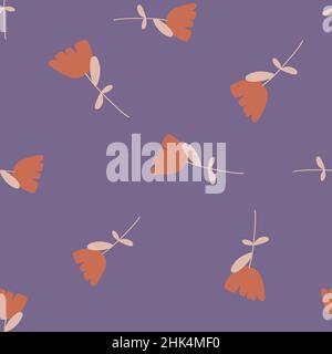 Casualmente arancione semplice fiori silhouette motivo senza cuciture. Sfondo viola pastello. Stile semplice. Illustrazione vettoriale per stampe tessili stagionali, fa Illustrazione Vettoriale