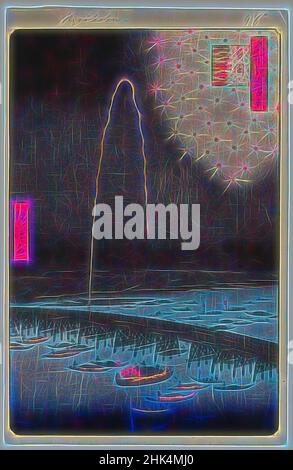 Ispirato dai fuochi d'artificio a Ryogoku, Ryogoku Hanabi, n. 98 da cento viste famose di Edo, Utagawa Hiroshige, Ando, giapponese, 1797-1858, Stampa a blocchi di legno, Giappone, 8th mesi del 1858, periodo Edo, era Ansei, foglio: 14 1/4 x 9 1/4 pollici, 36,2 x 23,5 cm, 19th secolo, azione, autunno, barca, bridge, reinventato da Artotop. L'arte classica reinventata con un tocco moderno. Design di calda e allegra luminosità e di raggi di luce. La fotografia si ispira al surrealismo e al futurismo, abbracciando l'energia dinamica della tecnologia moderna, del movimento, della velocità e rivoluzionando la cultura Foto Stock