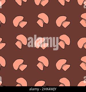 Profili rosa a fungo champignon motivo senza cuciture. Sfondo maroon. Stile autunnale. Illustrazione vettoriale per stampe tessili stagionali, fabri Illustrazione Vettoriale