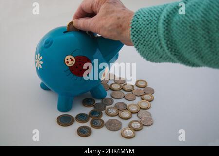 Mano della donna che mette £1 monete in Piggy Bank a forma di maiale blu del nipote con una selezione di monete in sterline britanniche Foto Stock