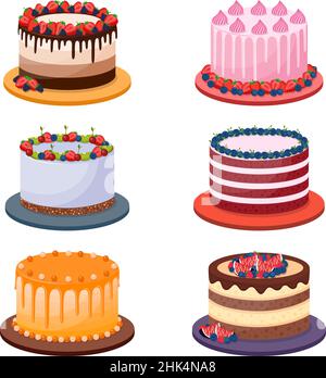 Set di torte di compleanno su sfondo bianco, illustrazione vettoriale Illustrazione Vettoriale