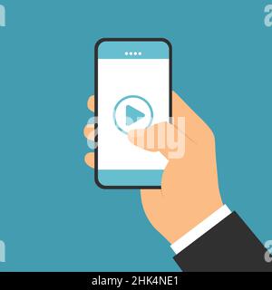 Illustrazione piatta del disegno della mano del responsabile o dell'uomo d'affari che tiene il telefono mobile. Fare clic sul pulsante Riproduci sul touch screen - vettore Illustrazione Vettoriale