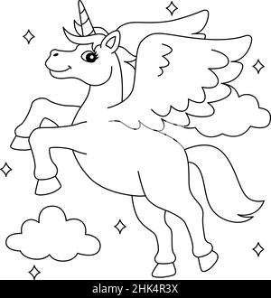 Flying Unicorn Coloring Page for Kids Illustrazione Vettoriale