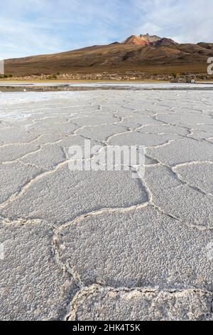 Le saline vicino a Coqueza, una piccola cittadina vicino al Vulcano Thunupa, Salar de Uyuni, Provincia Daniel Campos, Bolivia, Sud America Foto Stock