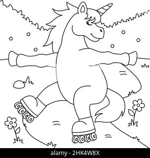 Unicorn Roller Skating Coloring Page for Kids Illustrazione Vettoriale