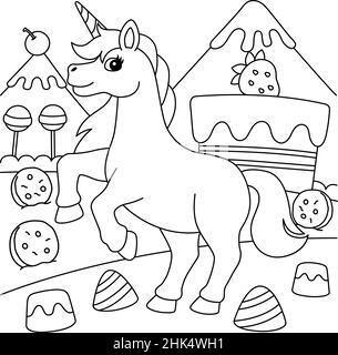 Unicorn in Candy Land colorazione pagina per i bambini Illustrazione Vettoriale