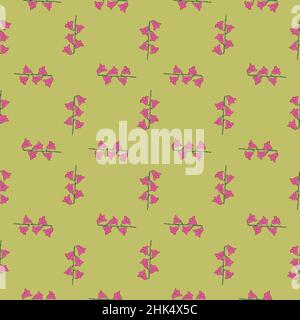 Disegno astratto senza giunture in stile geometrico con forme di campanella. Sfondo verde chiaro. Ornamento rosa. Stampa vettoriale piatta per tessuti, tessuti, gif Illustrazione Vettoriale