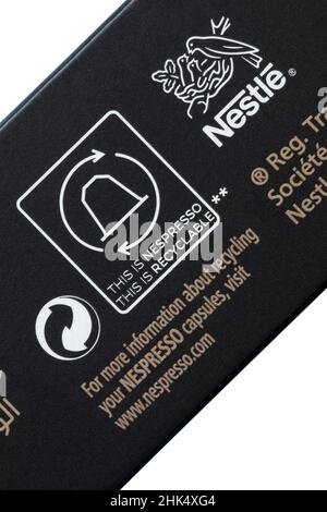 Questo è Nespresso questo è riciclabile su una scatola di Nespresso inspirazione Italiana Firenze Arpeggio capsule di caffè intenso Foto Stock