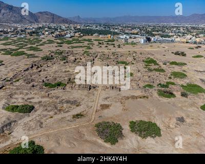 Antenna del sito archeologico di al Ukhdud, Najran, Regno dell'Arabia Saudita, Medio Oriente Foto Stock