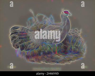 Ispirato da Crossoptilon Drouynii, litografia a colori su carta ovata, 23 1/4 x 18 1/8 pollici, 59,1 x 46 cm, uccello, Uccelli, Crossoptilon Drouynii, Habitat, Natura, ornitologia, ornitologia, fagiano, piante e animali, Specie, fagiano-orrido bianco, Fauna, reinventato da Artotop. L'arte classica reinventata con un tocco moderno. Design di calda e allegra luminosità e di raggi di luce. La fotografia si ispira al surrealismo e al futurismo, abbracciando l'energia dinamica della tecnologia moderna, del movimento, della velocità e rivoluzionando la cultura Foto Stock