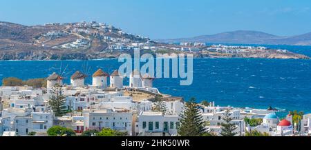 Vista elevata dei mulini di farina e della città, Mykonos Town, Mykonos, Isole Cicladi, Isole Greche, Mar Egeo, Grecia, Europa Foto Stock