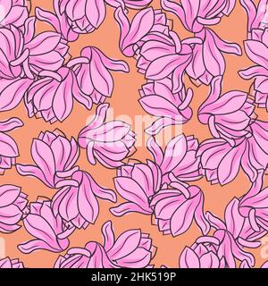 Motivo naturale senza cuciture con contorno rosa forme di fiori di magnolia casuale. Sfondo arancione. Illustrazione vettoriale per stampe tessili stagionali, tessuti, Illustrazione Vettoriale