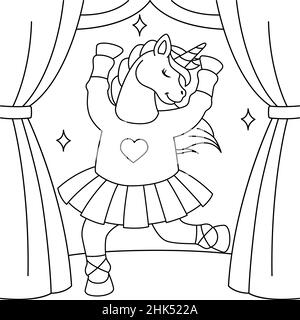 Unicorn Ballerina Dancing Coloring Page for Kids Illustrazione Vettoriale