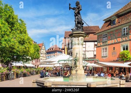 Fontana di Schwendi in Place de l'Ancienne Douane, Colmar, Alsazia, Alto Reno, Francia, Europa Foto Stock