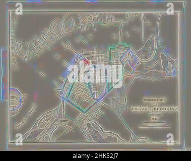 Ispirato alla mappa del villaggio di Brooklyn di Hooker, incisione con acquerello su carta, 1827, foglio: 16 3/8 x 20 3/16 pollici, 41,6 x 51,3 cm, Brooklyn, storia di Brooklyn, mappa di Brooklyn, griglia, Brooklyn storica, mappa storica, mappa, ndd9, New York City, Brooklyn vecchia, New York vecchia, villaggio, reinventato da Artotop. L'arte classica reinventata con un tocco moderno. Design di calda e allegra luminosità e di raggi di luce. La fotografia si ispira al surrealismo e al futurismo, abbracciando l'energia dinamica della tecnologia moderna, del movimento, della velocità e rivoluzionando la cultura Foto Stock