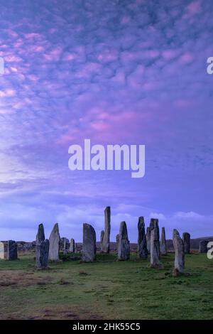 I Callanish Standing Stones all'alba, Callanish, Isola di Lewis, Ebridi esterne, Scozia, Regno Unito, Europa Foto Stock