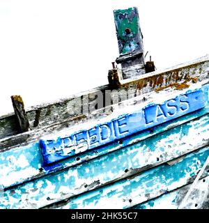 Immagine chiave alta della Creel Boat Weathered Peedie Lass, Cromarty Boatyard, The Black Isle, Moray, Scozia, Regno Unito, Europa Foto Stock
