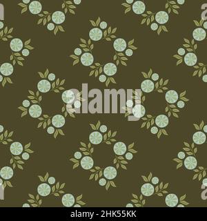Modello geometrico senza cuciture con ornamento a fette di limone blu. Sfondo verde-oliva scuro. Illustrazione di scorta. Disegno vettoriale per tessuti, tessuti, Illustrazione Vettoriale