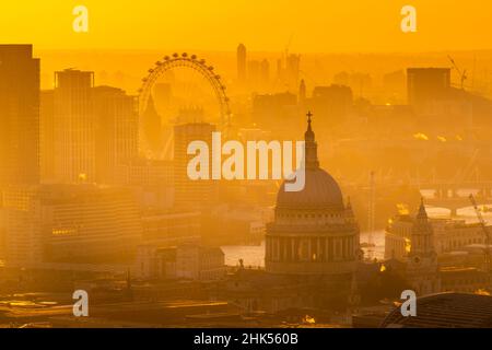 Vista del London Eye e della Cattedrale di St. Paul all'ora d'oro dalla Principal Tower, Londra, Inghilterra, Regno Unito, Europa Foto Stock