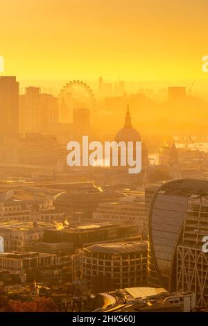 Vista del London Eye e della Cattedrale di St. Paul all'ora d'oro dalla Principal Tower, Londra, Inghilterra, Regno Unito, Europa Foto Stock