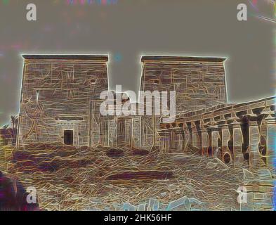 Ispirato al phile Vue de Pylone avec les Colonnes, Tempio di Iside pilone; vista con colonne che guardano a nord, Philae, Antonio Beato, Italiano e britannico, ca. 1825-ca.1903, fotografia in argento albume, fine 19th secolo, immagine/foglio: 7 15/16 x 10 3/8 pollici, 20,2 x 26,4 cm, 19th secolo, argento albume, reinventato da Artotop. L'arte classica reinventata con un tocco moderno. Design di calda e allegra luminosità e di raggi di luce. La fotografia si ispira al surrealismo e al futurismo, abbracciando l'energia dinamica della tecnologia moderna, del movimento, della velocità e rivoluzionando la cultura Foto Stock