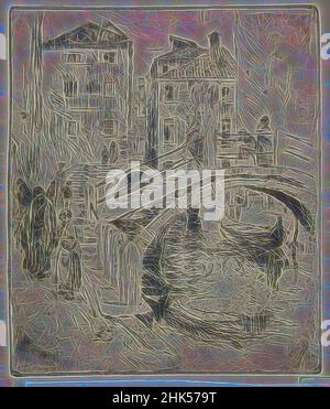 Ispirato al canale veneziano e ai ponti, Robert Frederick Blum, americano, 1857-1903, incisione su carta ovata color crema, 1886, foglio: 12 3/4 x 9 1/2 pollici, 32,4 x 24,1 cm, reinventato da Artotop. L'arte classica reinventata con un tocco moderno. Design di calda e allegra luminosità e di raggi di luce. La fotografia si ispira al surrealismo e al futurismo, abbracciando l'energia dinamica della tecnologia moderna, del movimento, della velocità e rivoluzionando la cultura Foto Stock