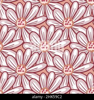 Profilo primavera tempo senza cuciture modello con doodle margherita ornamento fiori. Sfondo rosa. Stile astratto. Illustrazione di scorta. Disegno vettoriale per il testo Illustrazione Vettoriale