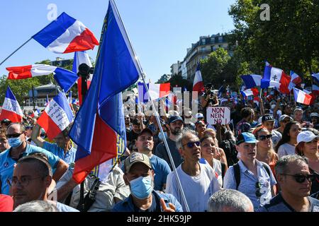 I manifestanti tengono in mano bandiere, striscioni e cartelli francesi, durante la dimostrazione anti-sanitario su iniziativa di Florian Philippot's poli Foto Stock