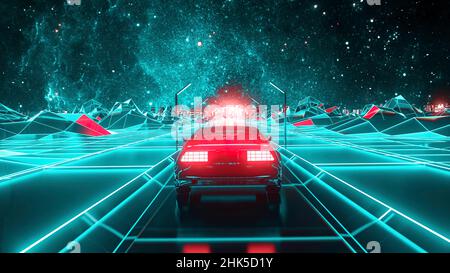 Vista posteriore di un'auto che guida su una strada attraverso il deserto verso la città futuristica su sfondo cielo spazio galassico. Colori al neon brillanti di un astratto Foto Stock