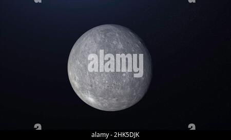 Animazione astratta della luna grigia piena rivoluzione intorno al suo asse, rotante nello spazio esterno. Sfondo astronomico della luna, 3D sfere grigie illuminate da t Foto Stock