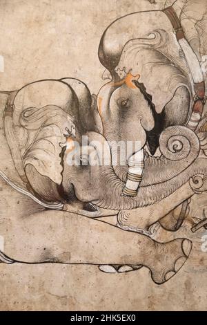 Sublime pittura Mughal di elefanti che combattono nel Museo Ashmolean. Ospitando l'Università di OxfordÕs vaste collezioni di arte e antichità, il Foto Stock