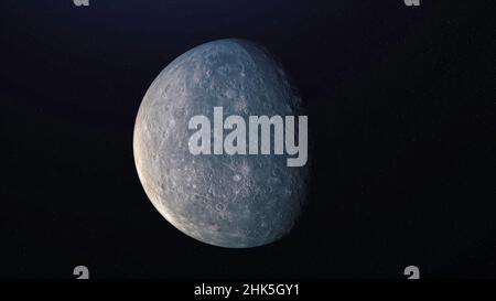 Animazione astratta della luna grigia piena rivoluzione intorno al suo asse, rotante nello spazio esterno. Sfondo astronomico della luna, 3D sfere grigie illuminate da t Foto Stock