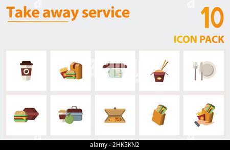 Set di icone di servizio Take away. Raccolta di elementi semplici come il caffè da asporto, il cibo da asporto, contenitori, wok, confezionamento di hamburger, pranzo al sacco Illustrazione Vettoriale