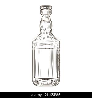 Boccetta isolata su sfondo bianco. Bottiglia in stile inciso. Disegno vintage contorno nero in primo piano. Disegno di illustrazione vettoriale. Illustrazione Vettoriale