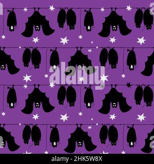 Halloween modello senza cuciture con pipistrelli appesi su sfondo viola. Illustrazione Vettoriale
