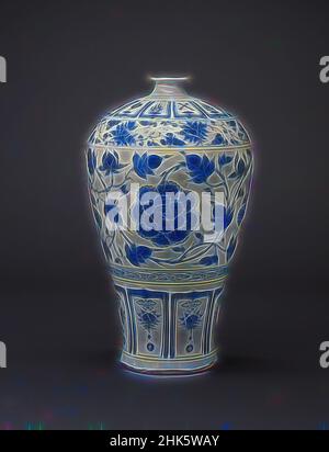 Ispirato da Prunus Vase (meiping) con disegno di Peony e rotoli di loto, cinese, dinastia Yuan, 1279–1368, inizio 14th secolo, Jingdezhen ware; porcellana con decoro blu cobalto smalto, fabbricato a Jingdezhen, provincia di Jiangxi, Cina, Asia, Ceramica, contenitori, 16 3/4 x 9 5/8 poll. (42,5 x 24,4, reinventato da Artotop. L'arte classica reinventata con un tocco moderno. Design di calda e allegra luminosità e di raggi di luce. La fotografia si ispira al surrealismo e al futurismo, abbracciando l'energia dinamica della tecnologia moderna, del movimento, della velocità e rivoluzionando la cultura Foto Stock