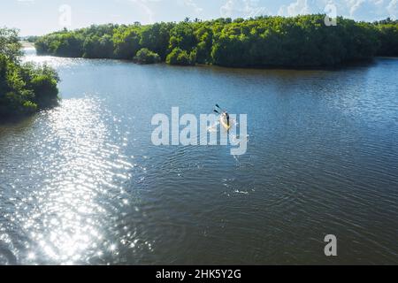 Foto aerea in alto del kayak giallo con madre e figlio che galleggiano dall'enorme lago nella foresta di mangrovie giungla. Persone attive che viaggiano concetto in Foto Stock