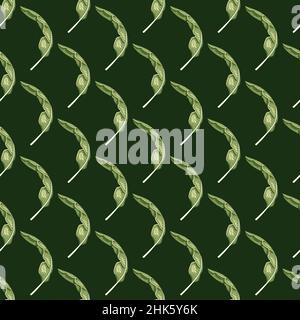 Foglia di banana senza cuciture su sfondo verde scuro. Bella ornamento estate foglia tropicale. Modello di texture geometrica per tessuto. Vettore di disegno Illustrazione Vettoriale
