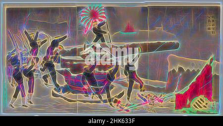 Ispirati dalle nostre forze armate che occupano l'isola di Liugong, Kobayashi Kiyochika, 1847–1915, periodo Meiji, 1868–1912, MATSUKI Heikichi V, giapponese, 1872–1931, 1895, trittico di stampe a colori a blocchi di legno, fabbricato a Tokyo, Giappone, Asia, stampe, triptico montato: 14 11/16 x 28 7/8 poll. (37,3 x 73,3 cm, riimmaginato da Artotop. L'arte classica reinventata con un tocco moderno. Design di calda e allegra luminosità e di raggi di luce. La fotografia si ispira al surrealismo e al futurismo, abbracciando l'energia dinamica della tecnologia moderna, del movimento, della velocità e rivoluzionando la cultura Foto Stock