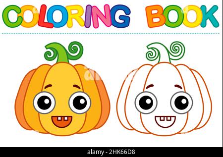 Pagina da colorare cute zucca cartoon con sorriso scolpito. Libro di colorazione vettoriale per attività infantile Illustrazione Vettoriale