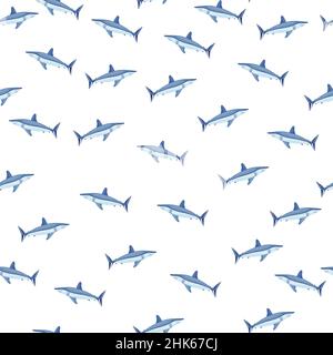Squalo con motivo senza cuciture su sfondo bianco. Modelli animali per il disegno del tessuto. Ideale per stampe, confezioni e copertine in tessuto. Illustrazione vettoriale. Illustrazione Vettoriale