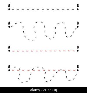 Impostare le formiche di tracciamento isolate su sfondo bianco. Colonna di formiche rosse e nere caotiche che corrono nei segni di mappatura . Progettare elementi naturali piatti. Vettore il Illustrazione Vettoriale