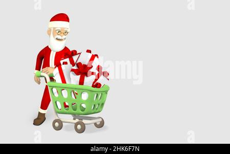 3D carrello verde con scatole regalo e Babbo Natale su sfondo grigio. Concetto di shopping. Illustrazione vettoriale. Illustrazione Vettoriale