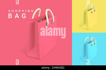 3d borse vuote rosse, gialle e blu. Concetto di shopping. Illustrazione vettoriale. Illustrazione Vettoriale