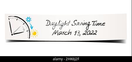 Ora legale 13, marzo, 2022 - memo scritto a mano con l'illustrazione dell'orologio e le icone dell'inverno estivo su striscione di carta curvata Illustrazione Vettoriale