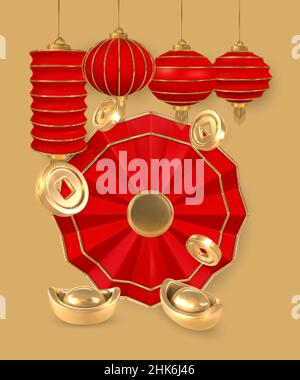 Felice anno nuovo cinese. I festival cinesi appassionano e brillano lanterne, monete d'oro e lingotti. Elementi asiatici tradizionali. Illustrazione vettoriale. Illustrazione Vettoriale
