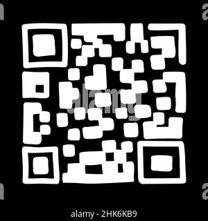QR - Codice isolato su sfondo nero. Codice di scansione prodotto universale in stile doodle. Elemento disegno icona vettore disegnato a mano. Illustrazione Vettoriale