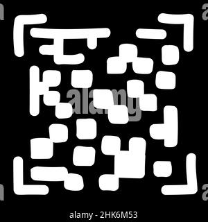 QR - Codice isolato su sfondo nero. Codice di scansione prodotto universale in stile doodle. Elemento disegno icona vettore disegnato a mano. Illustrazione Vettoriale
